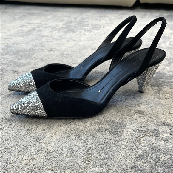 New Stella Luna Silver Glitter Cap Toe Sling Back Heels Black Sz 36 - Picture 2 of 14